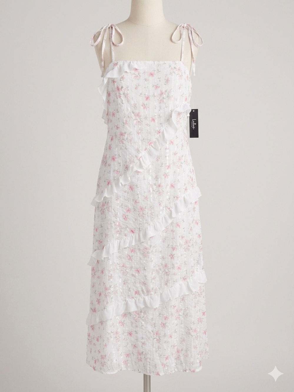 🎸Lulu's White Midi Dress with Light Pink Floral Print & Ruffle Tiers